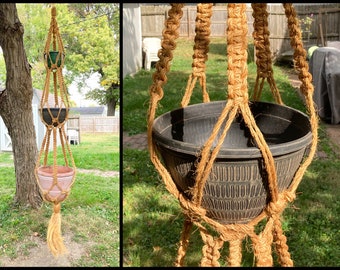 Vintage 70s Large Macrame TRIPLE 3 potted PLANT HANGER pot holder 8 feet tall woven jute brown boho bohemian hippie retro home decor 96"long