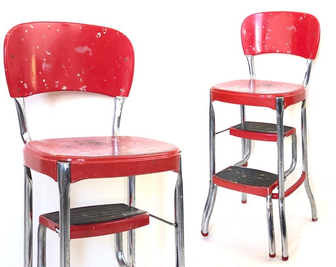 Vintage 50s Red COSCO CHAIR Step Stool Folding Metal Seat Childrens Mid ...