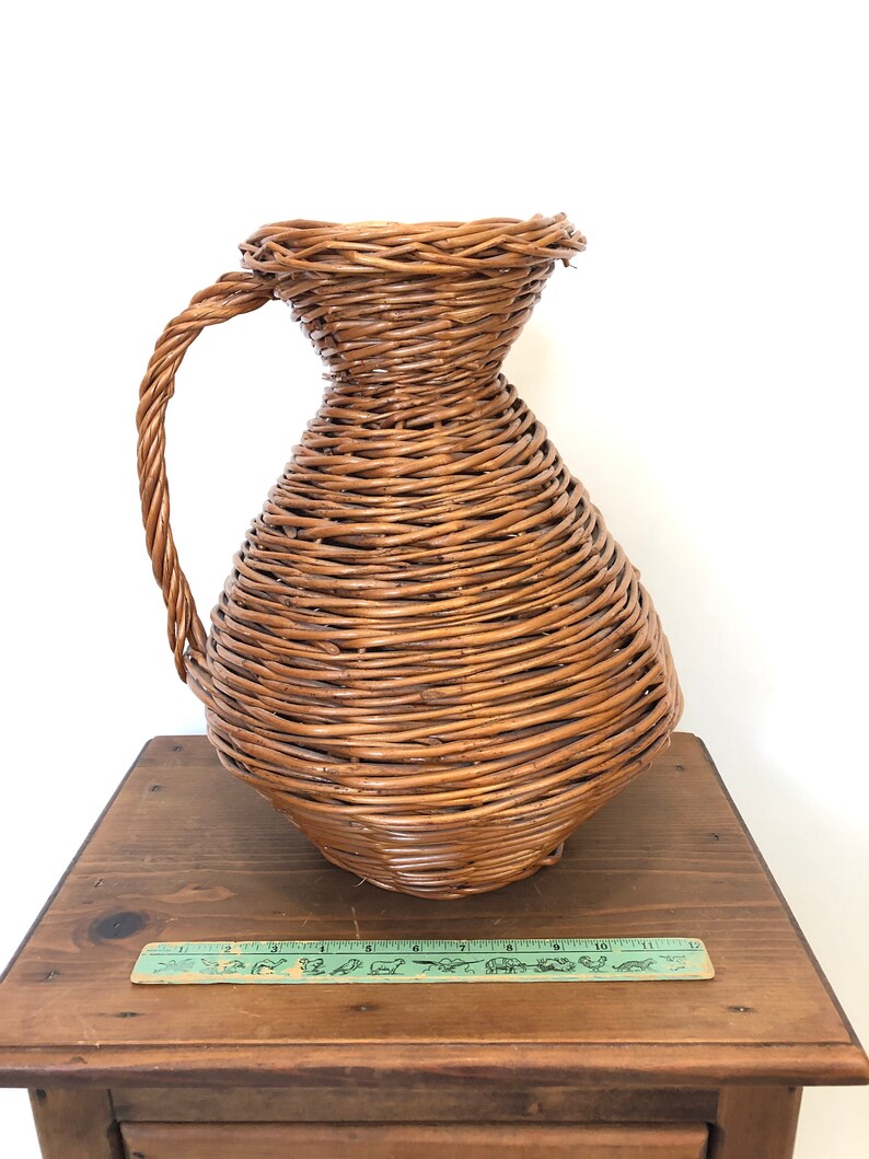 Vintage 70s wicker basket jug pitcher home decor accent Etsy