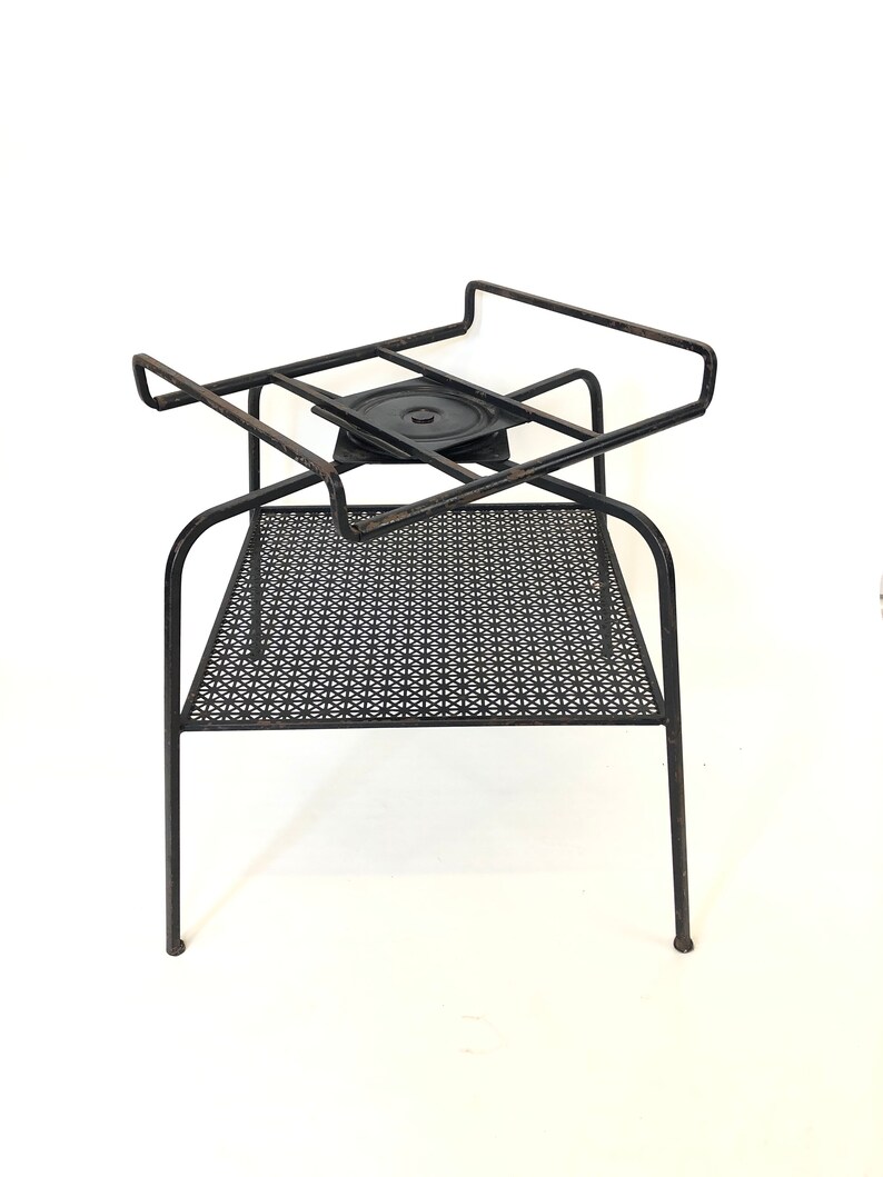 Vintage 50s black metal wire mesh TV stand end table plant shelf adjustable record player swivel top mid century modern retro furniture