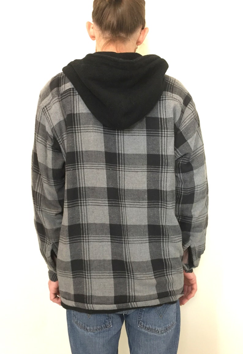 Vintage 90s Gray Black Plaid Flannel Jacket Fleece Lined 50