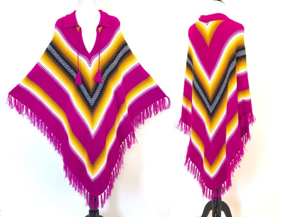 Vintage 70s Chevron striped PONCHO Fuchsia pink ye