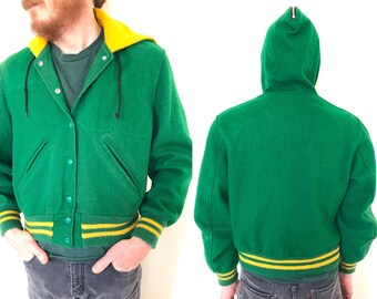 Vintage 70s 80s Wool LETTER JACKET Green Letterman Coat Green