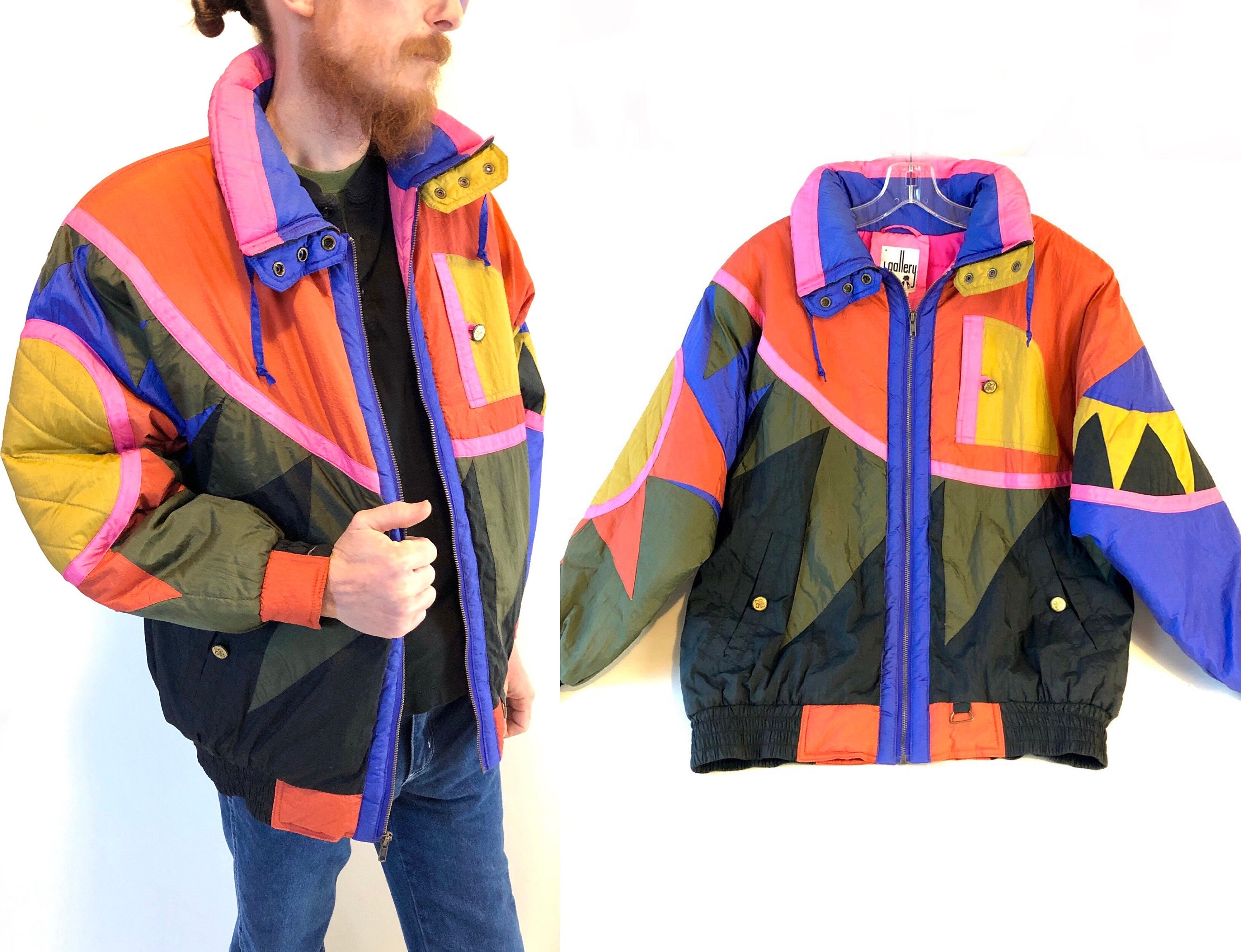 Vintage 80s 90s Puffy SKI JACKET Colorful Shapes Neon Color 