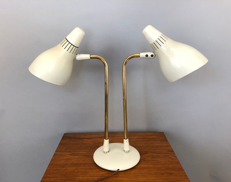 Vintage 50s 60s Double Headed Desk Lamp Tabletop Mid Century Modern Gold White Light Lighting Retro Home Decor Student Office Eames Era Mod