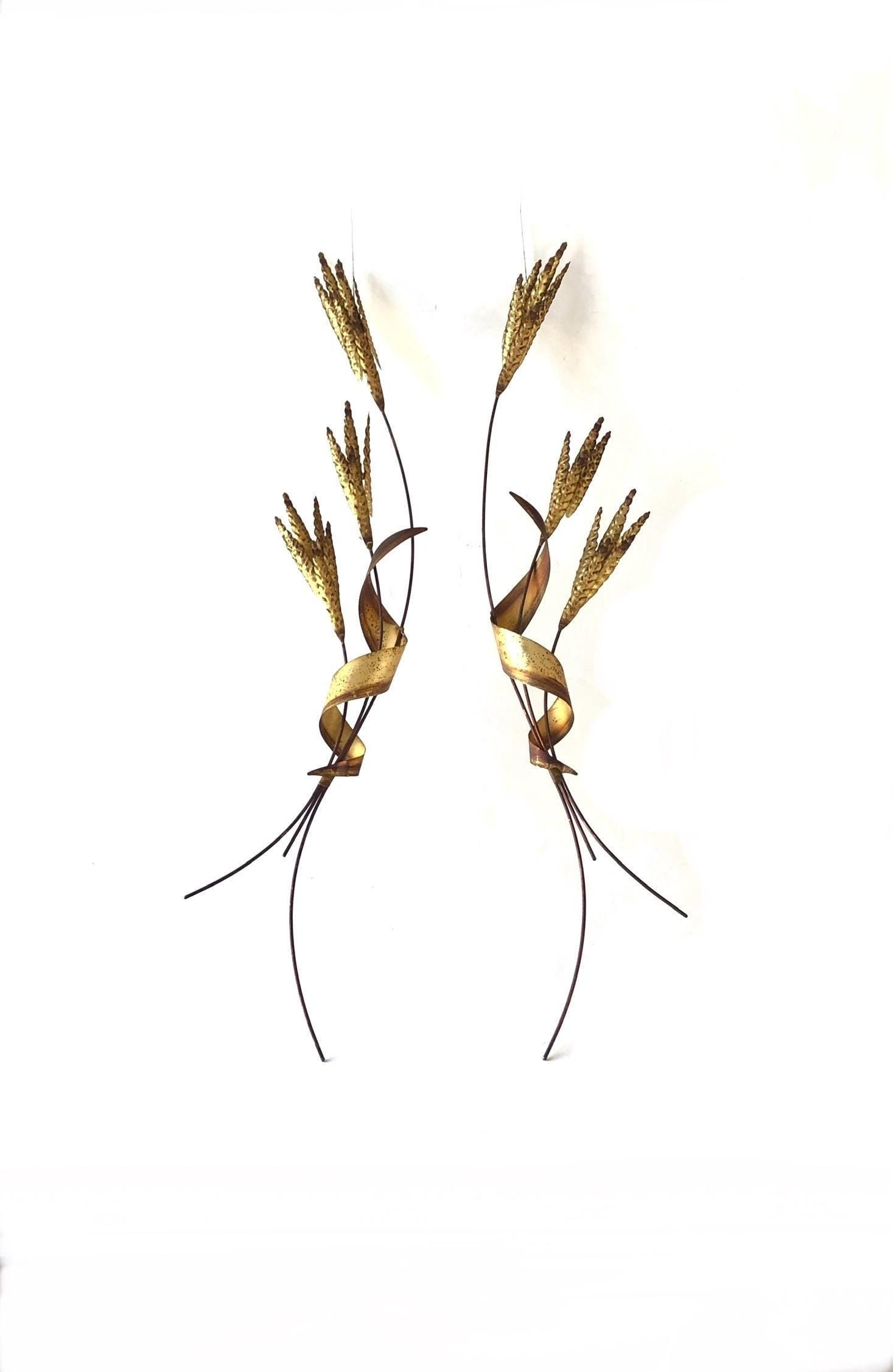 Vintage MCM Metal Wall Art Brass Wheat Shaft Mid-Century Hanging Set Of 2 Pair 70s Mid Century Brass and Copper Wheat Sheaf Wall Art - a  main image 2