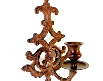Vintage ornate WALL SCONCE cast iron antique brown metal candle holder scroll scrolled 10" wall hanging art candlestick made in India zen
