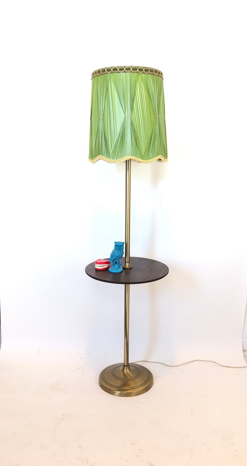 Vintage Floor Lamp With Table Combo Mid Century Modern Furniture 60s 70s Home Decor Green Vinyl Scalloped Lampshade Kitsch Accent End