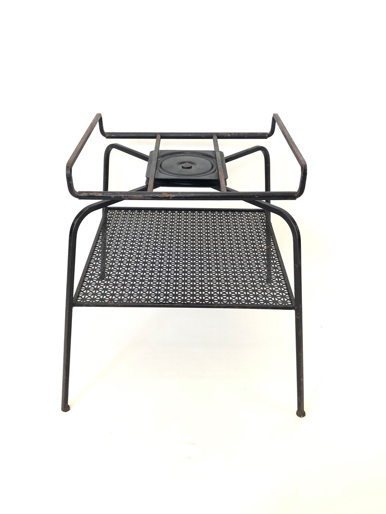 Vintage 50s black metal wire mesh TV stand end table plant shelf adjustable record player swivel top mid century modern retro furniture