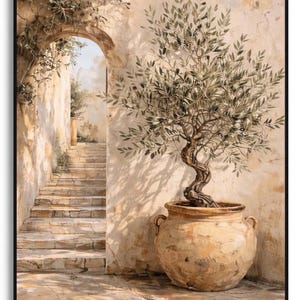 May include: A framed print of an olive tree in a large terracotta pot against a sunlit, aged stone wall. The artwork depicts a winding staircase leading to an arched doorway, with climbing vines and foliage adding depth and texture.