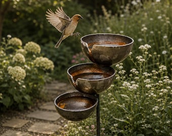 Vasca per uccelli rustica a più livelli / Fontana da giardino in metallo, decorazione in stile cottage