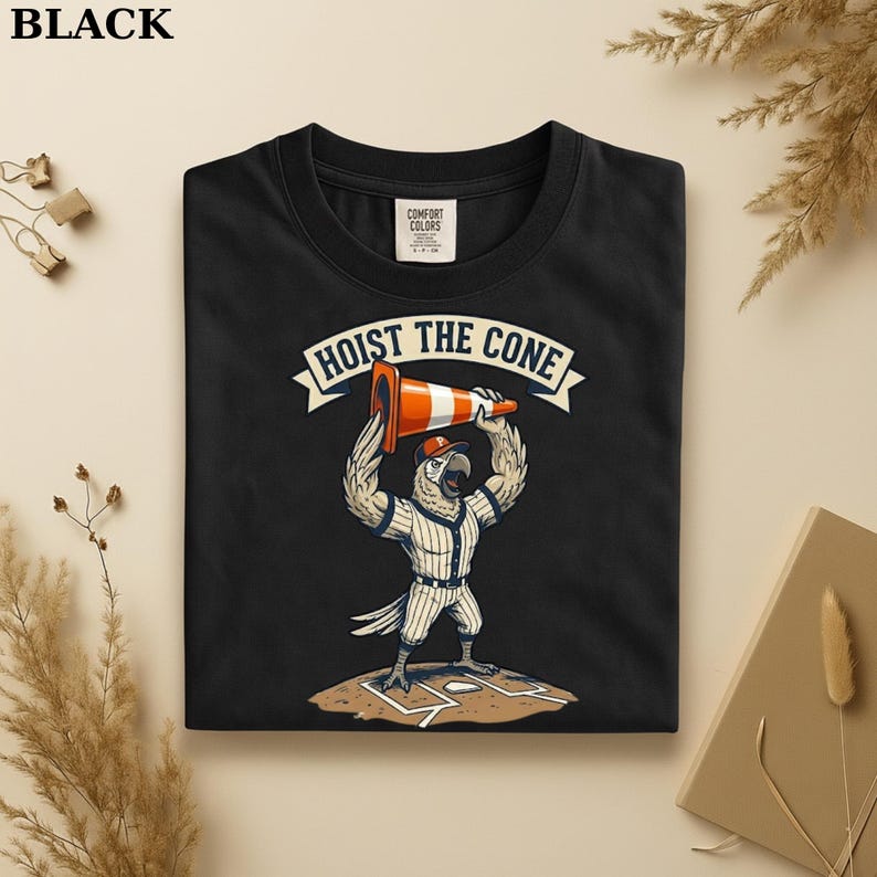 May include: Black t-shirt with a graphic of a baseball-playing bird holding a traffic cone above its head. The text "HOIST THE CONE" is above the bird. The shirt is made of Comfort Colors material.