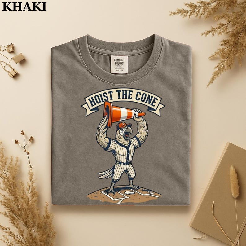 May include: Gray t-shirt with a graphic of a baseball-playing bird holding a traffic cone above its head. The text "HOIST THE CONE" is above the bird. The shirt is a Comfort Colors brand.