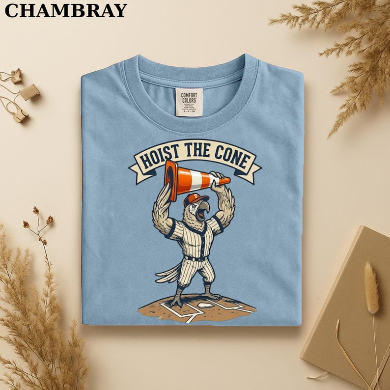 May include: Light blue t-shirt with a graphic of a baseball-playing bird lifting an orange and white traffic cone. The text "HOIST THE CONE" is above the bird. The shirt has a Comfort Colors tag.