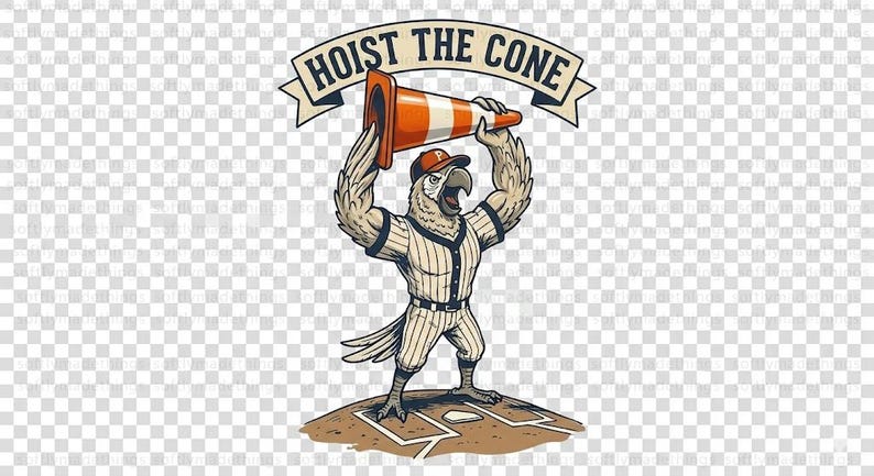 May include: Illustration of a muscular bird in a baseball uniform holding a traffic cone above its head. The bird is standing on a baseball field with the text "HOIST THE CONE" above it. The bird is wearing a baseball cap.