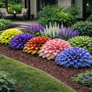 May include: A garden bed featuring a row of large, vibrant dahlia flowers in shades of purple, orange, pink, and blue, interspersed with bright yellow and green hosta plants, all set against a backdrop of purple and white salvia spikes.