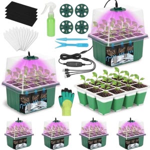 May include: A seed starting kit featuring multiple green plastic seedling trays with clear humidity domes and integrated purple LED grow lights, black plant labels, a green spray bottle, blue gardening tools, and a pair of green and black gloves.