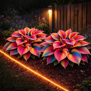 May include: Two vibrant, rainbow-colored plants with large, heart-shaped leaves. The leaves transition through shades of red, orange, yellow, green, blue, and purple. The plants are in a garden setting with a wooden fence and a warm-toned light.