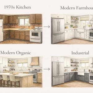 Peut inclure: Illustration à l'aquarelle de quatre styles de cuisine : 1970, Modern Farmhouse, Modern Organic et Industriel. Chaque cuisine est représentée avec ses armoires, ses appareils et son esthétique de conception uniques. L'image montre l'évolution de la conception des cuisines.