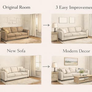 May include: Watercolor illustrations depict interior design transformations. The image shows a before-and-after comparison of a living room, highlighting changes in sofa style and decor. Text includes "Original Room", "3 Easy Improvements", "New Sofa", and "Modern Decor".