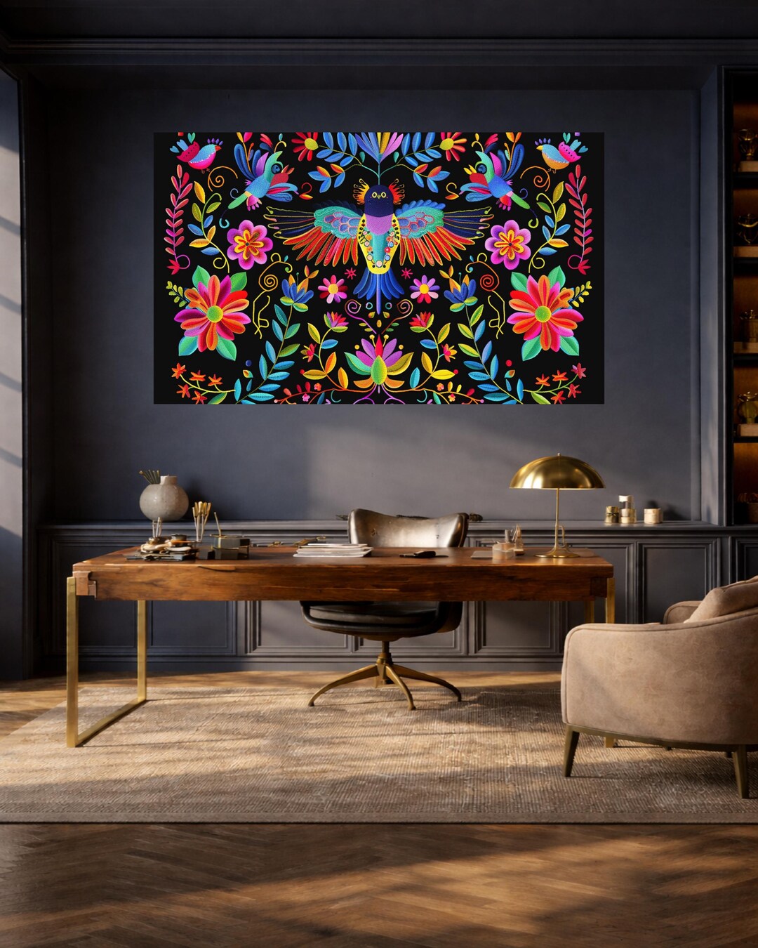 Horizontal Otomi Folk Art Canvas, Colorful Mexican Animal Bird Floral ...