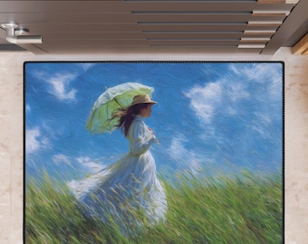 Alfombra para el suelo "Mujer con sombrilla en un prado", alfombra de arte impresionista inspirada en Monet, escena de campo ventoso, decoración de pintura al óleo vintage, alfombra resistente.