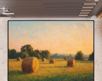 Gouden hooibergen zonsondergang vloermat, op Monet geïnspireerd veldtapijt, impressionistische plattelandskunst, warm rustiek decor, zware halmat