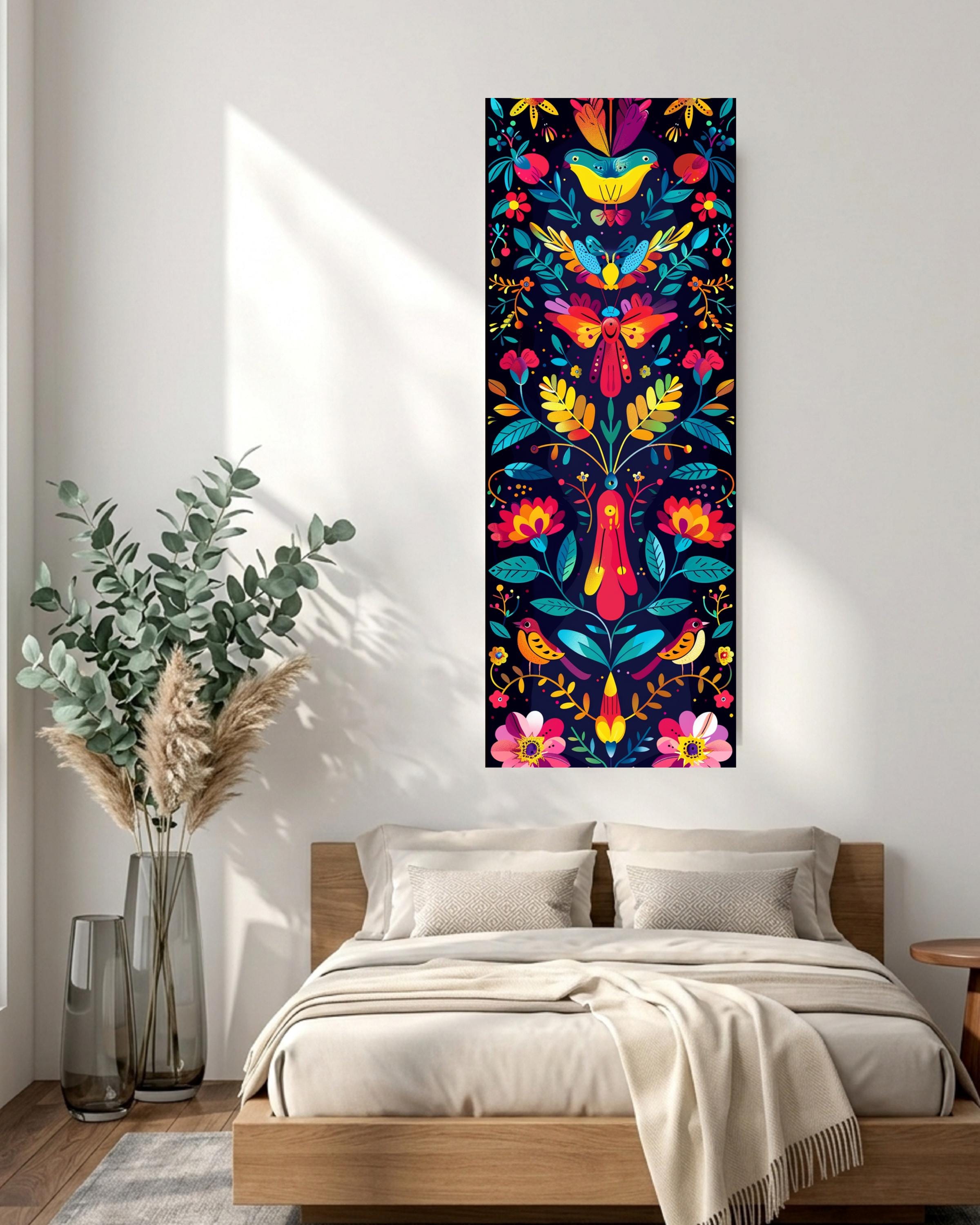 Tall Otomi Folk Art Canvas, Colorful Mexican Animals Birds Flowers ...
