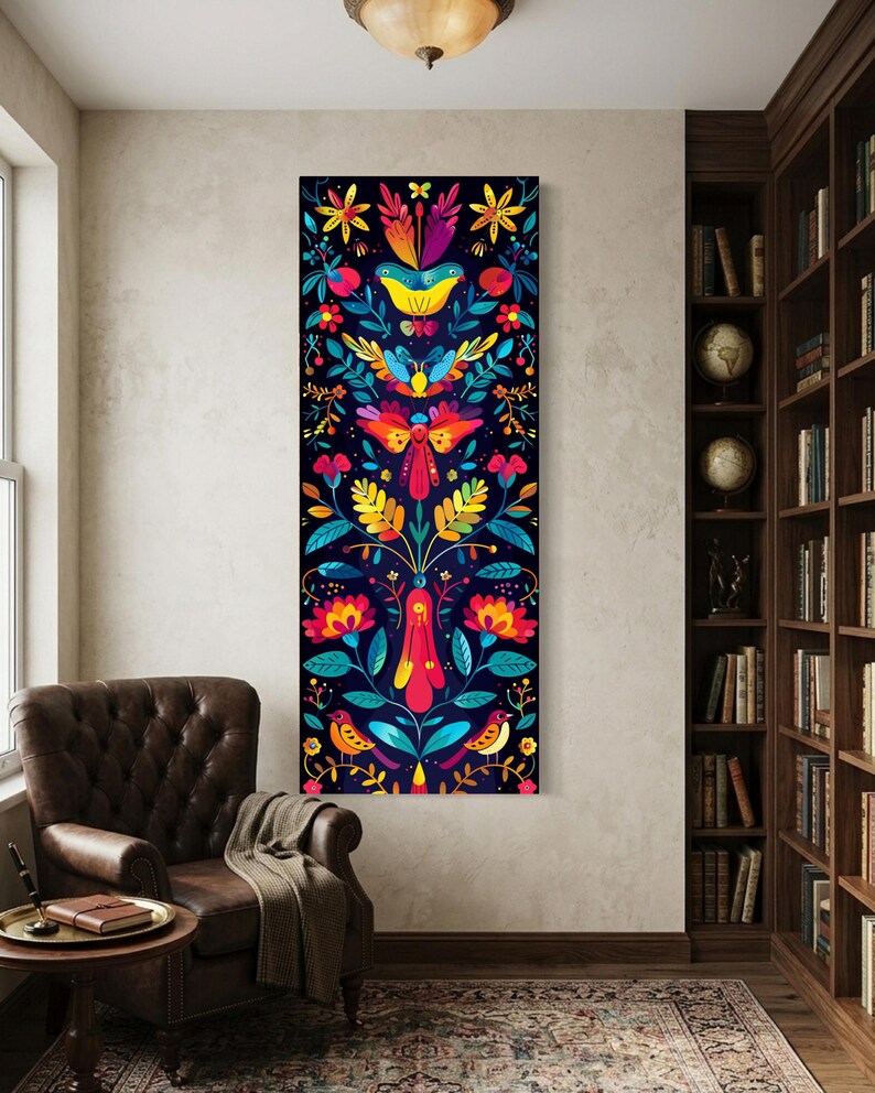 Tall Otomi Folk Art Canvas, Colorful Mexican Animals Birds Flowers ...
