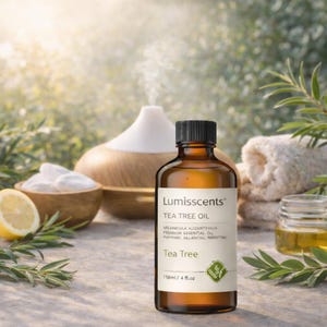 Peut inclure: Une bouteille en verre marron d'huile d'arbre à thé Lumisscents avec un bouchon noir. L'étiquette indique "Tea Tree Oil" et "118ml / 4 fl.oz." D'autres éléments incluent un diffuseur, des cotons, un citron et un pot d'huile.