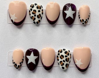 Dark purple, cheetah and star press on nails