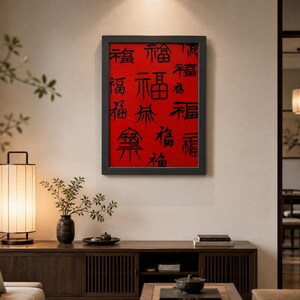 Puede incluir: Una obra de arte enmarcada con caracteres negros sobre un fondo rojo cuelga de una pared beige. La obra de arte está encima de un mueble de madera oscura con una lámpara y un jarrón. Un sofá está en primer plano.