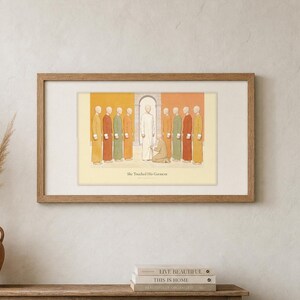 She Touched His Garment Matthew 9:20-22 print in a walnut frame above a rustic wood console, sage green sofa nearby, terracotta vase with dried pampas grass, stacked neutral books, soft natural daylight on a cream textured wall, minimalist Christian home decor, instant digital download from TheFramedVerse on Etsy