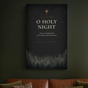 Styled room preview: Dark O Holy Night typography canvas featuring elegant cream serif lettering on textured charcoal paper. Scattered golden stars glow around the words while shadowy evergreen trees form a deep forest border below. This moody black, cream, and gold Christmas wall art gives the beloved carol a dramatic vintage atmosphere for an Advent display, music room, or seasonal gallery wall.