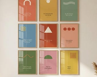 Trendy Christian Wall Art Set of 9, Colorful Bible Verse Gallery Wall Bundle, Modern Maximalist Scripture Printable, Digital Download