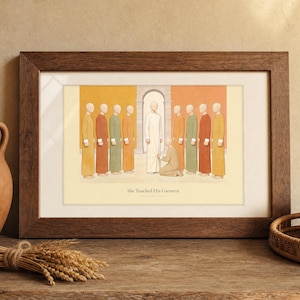 She Touched His Garment Matthew 9:20-22 print in a walnut frame leaning on a rustic wood shelf, styled with a terracotta olive-branch jug, a bundle of dried wheat, a woven tray holding a lit beeswax candle, warm cottage Christian home decor scene, digital download wall art from TheFramedVerse on Etsy