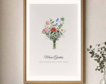 Bouquet de fleurs pour la naissance d'un membre de la famille, fleurs aquarelles personnalisées pour le mois de naissance, cadeau de Noël pour maman ou grand-mère, composition florale familiale personnalisée