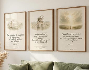 Jesus Leaves the 99 Print Set of 3 | Good Shepherd Parable of the Lost Sheep Luke 15 | Modern Minimalist Christian Scripture Art