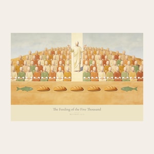 Clean front view of the unframed The Feeding of the Five Thousand digital print on a light neutral background. The full horizontal composition shows Christ raised on the centre axis above a seated hillside crowd, with loaves and fish laid out along the foreground, followed by the title and Matthew 14:21 in serif type on a cream caption band. The complete borders, warm fresco texture, and restrained palette are visible without props or frame.