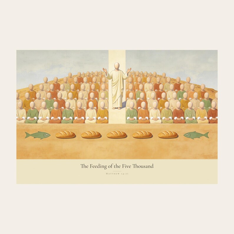 Clean front view of the unframed The Feeding of the Five Thousand digital print on a light neutral background. The full horizontal composition shows Christ raised on the centre axis above a seated hillside crowd, with loaves and fish laid out along the foreground, followed by the title and Matthew 14:21 in serif type on a cream caption band. The complete borders, warm fresco texture, and restrained palette are visible without props or frame.