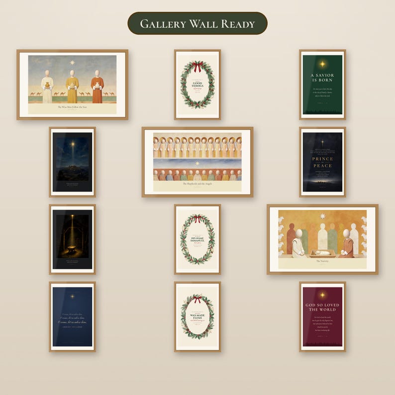 Gallery wall display of 12 framed Christian Christmas prints arranged in three rows on a warm cream wall. Natural oak frames hold Nativity scenes, Bethlehem star art, Bible verse typography and botanical wreath designs in green, blue, gold and burgundy, showing how the printable advent bundle creates a coordinated holiday wall collection.
