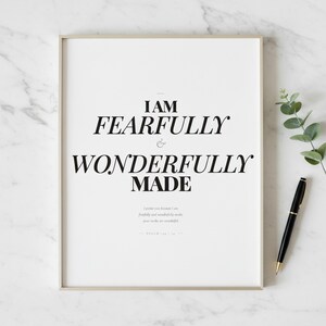 Psalm 139 14 Wall Art Fearfully and Wonderfully Made Scripture Print Nursery, — "I praise you because I am fearfully and wonderfully made; your works are wonderful", in gentle sage green nursery design with soft botanical watercolor illustration and calming earth tones, presented as an elegant flat lay on white marble with a fountain pen and eucalyptus sprig