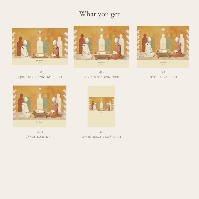What you get overview for The Nativity and Luke 2:7. The digital purchase includes high-resolution JPEG artwork in 3:2, 4:3, 5:4, 14:11, and 2:3 portrait formats, plus a PDF size guide. The layout previews the horizontal and portrait options so buyers can match the correct file to a chosen frame.