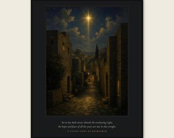 Oh, pequeña ciudad de Belén: lámina del himno Luz Eterna, arte navideño vintage, decoración de las calles oscuras de Belén