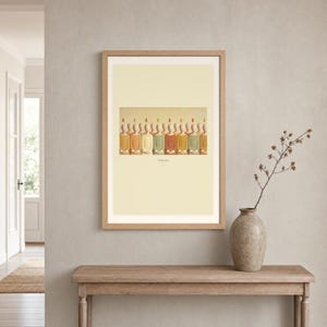 Room mockup of Pentecost displayed in a light oak frame on a warm neutral wall. The landscape artwork shows a row of faceless apostles standing shoulder to shoulder, each with a small flame above the head. A wide cream mat and restrained fresco palette suit a calm living room, prayer space, or Christian home. The printed title and Acts 2:3 remain visible beneath the image.