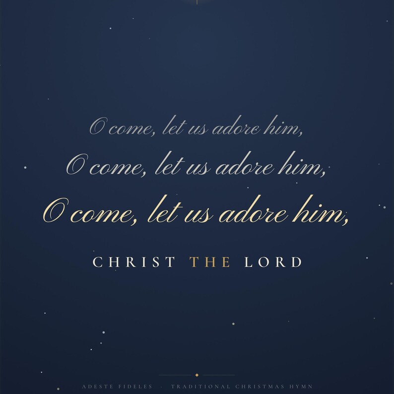 Close detail of the O Come Let Us Adore Him hymn artwork, highlighting the engraved copperplate letterforms, luminous gold CHRIST THE LORD capitals, soft glow around the Star of Bethlehem, and precise double ornamental frame. The refined texture and layered typography give this Christian Christmas print the character of a treasured vintage hymnal plate.