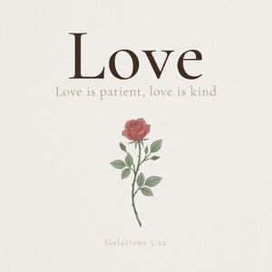 Love Fruit of the Spirit Christian wall art print featuring Galatians 5:22, with beautiful red rose botanical illustration, in minimalist botanical watercolor illustration on warm cream background with elegant serif typography, hanging above a cozy bed in a peaceful bedroom setting, creating an inspiring and calming atmosphere for morning devotions and evening prayer