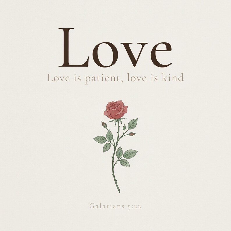 Love Fruit of the Spirit Christian wall art print featuring Galatians 5:22, with beautiful red rose botanical illustration, in minimalist botanical watercolor illustration on warm cream background with elegant serif typography, hanging above a cozy bed in a peaceful bedroom setting, creating an inspiring and calming atmosphere for morning devotions and evening prayer