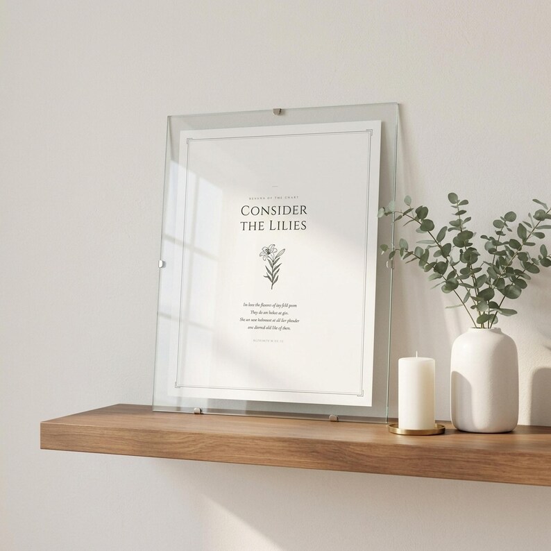 Consider the Lilies Matthew 6 28 Wall Art framed Scripture Print on oak shelf, christian aesthetic decor sermon on the mount bible verse digital download printable
