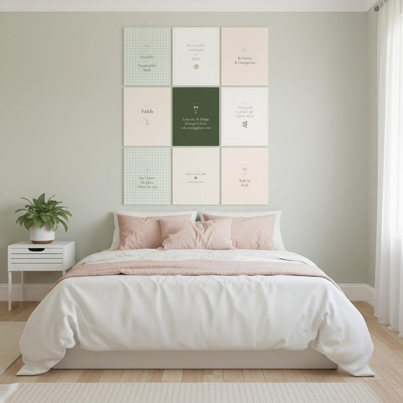Sage coquette christian wall art set of 9 bundle displayed above white bedroom bed frame with cream linen pillows and sage accents, aesthetic christian apartment wall art gallery wall, godly wall art girl gallery wall dorm room decor, scriptural wall art digital download TheFramedVerse Etsy